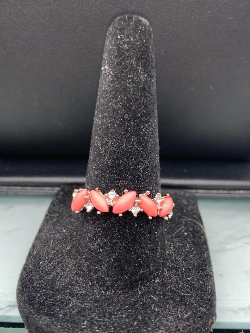 Camille Lucie Silver Tone Ring with Coral Pink Marquise Stones Accent Crystals